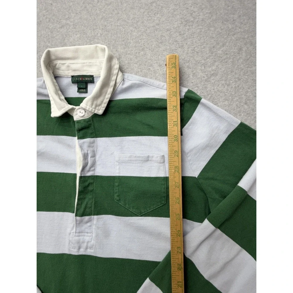 J.Crew Always Rugby Polo Shirt‎ Mens L Green White Stripe Long Sleeve Casual